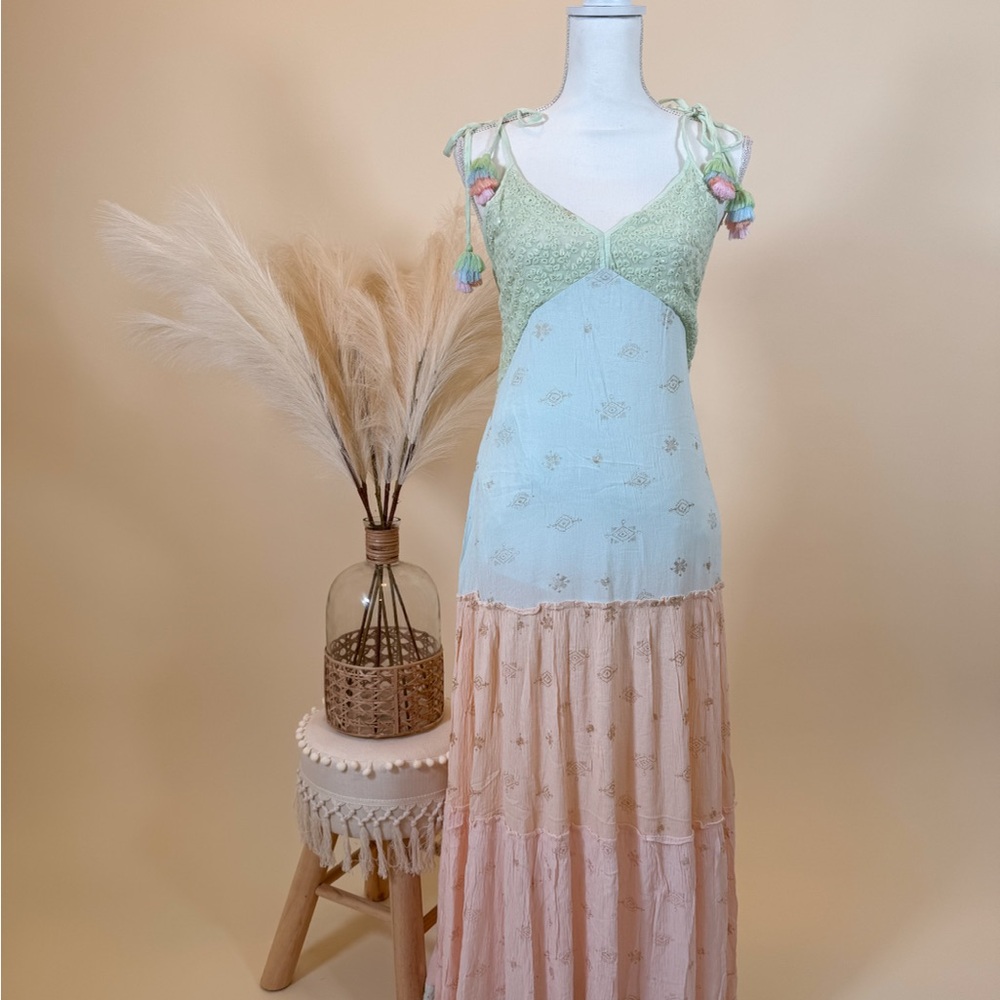 Elegant Green and Pink Maxi Dress